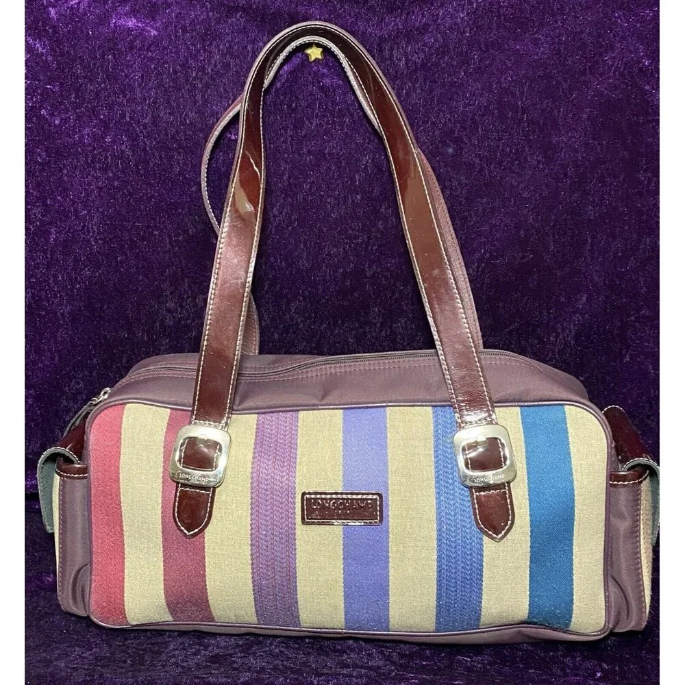 LONGCHAMP Shoulder Bag Pink Red Rainbow Stripe Leather Hobo